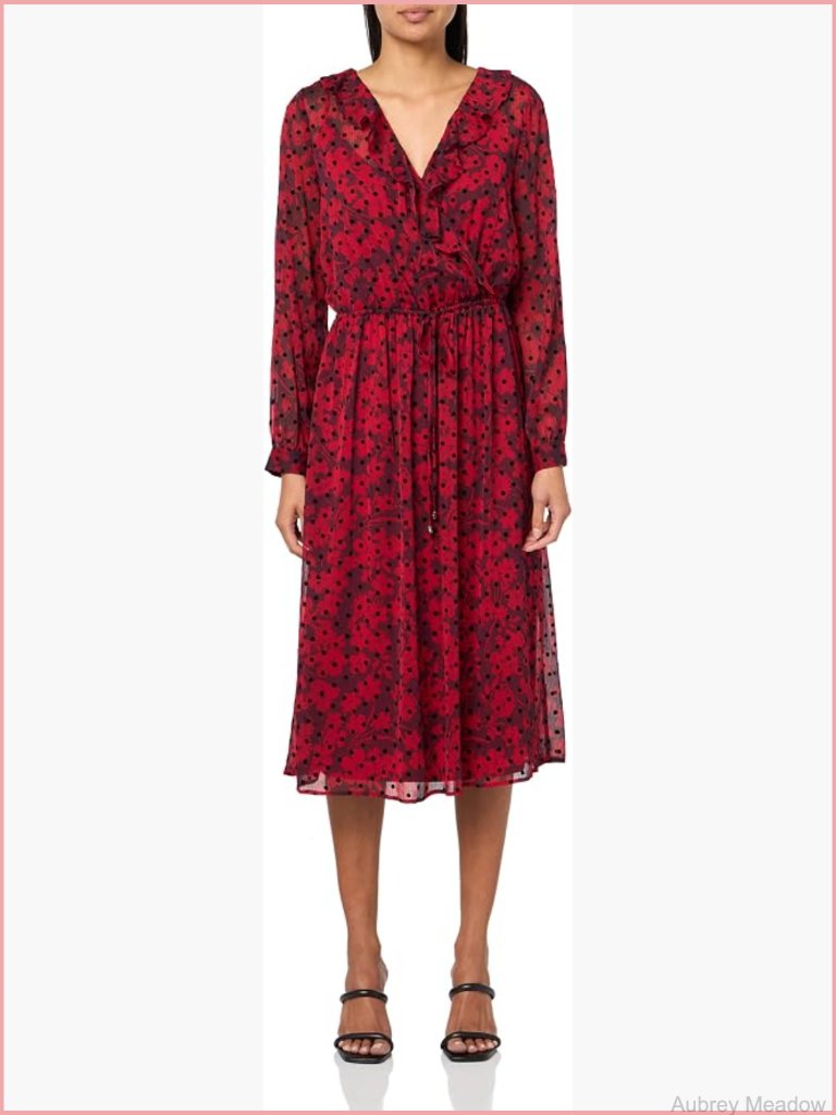 Long Sleeve Chiffon Self Tie Midi Dress Smocked Waist Button Cuff